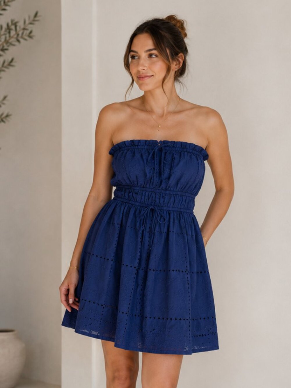 NWT Wild Fable Navy Blue Eyelet Strapless Tube Mini Dress Small Cotton